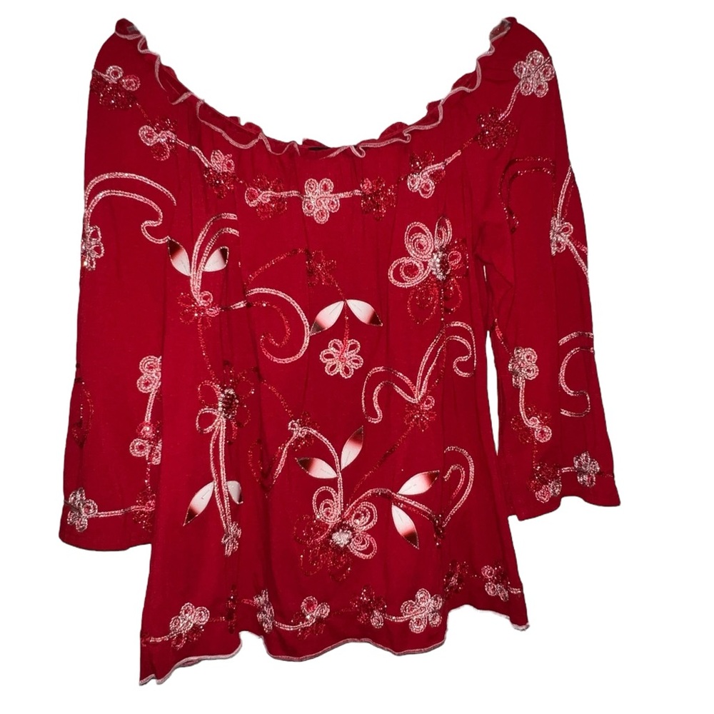 VTG 90s Lauren Michelle RED  Embroidered Top Size M